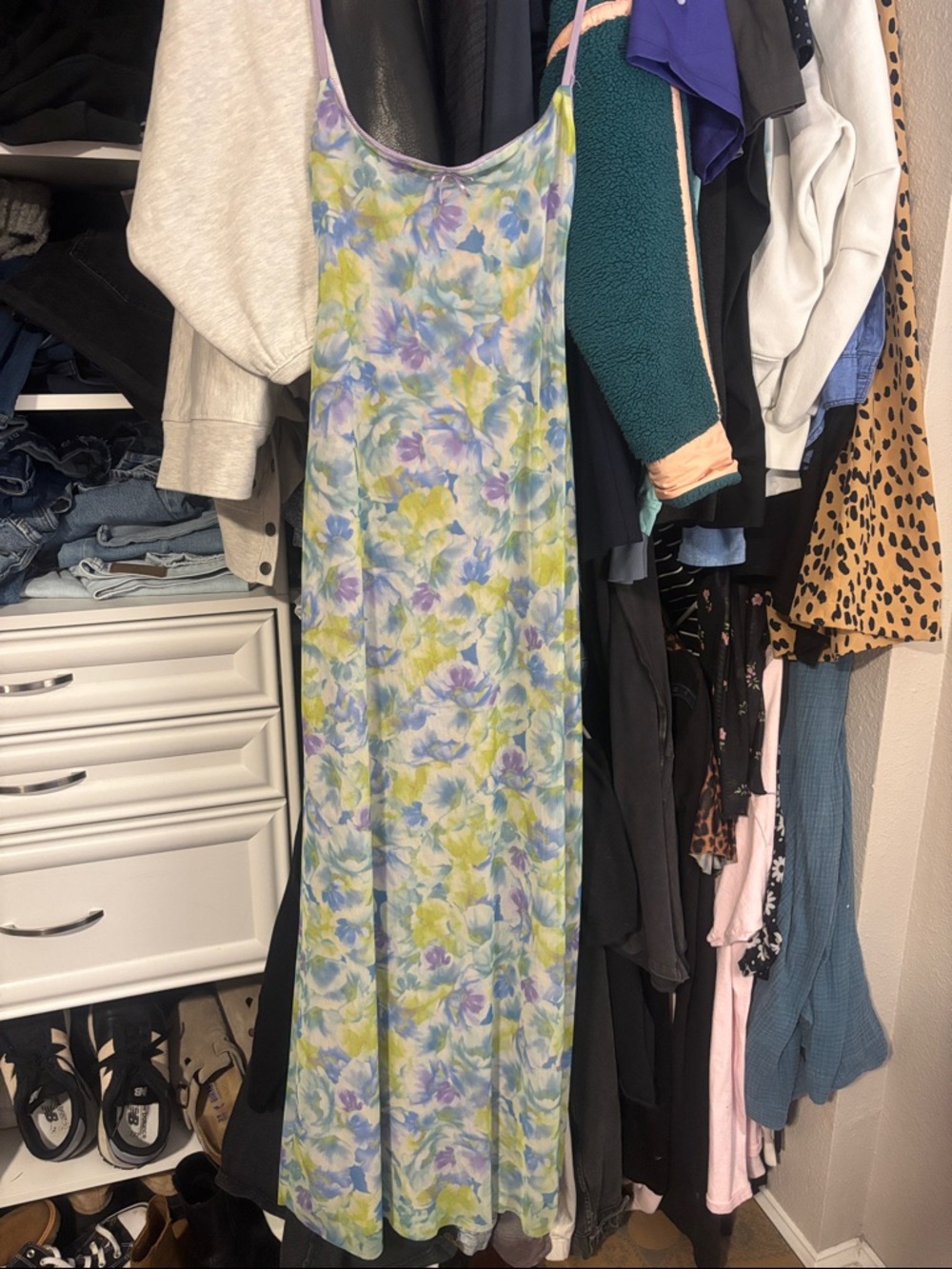 Zara Pastel Floral Slip Maxi Dress in Blue, Lavender, and Green